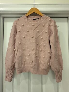 Simple Blush Pink Pom-Pom Crewneck Sweater